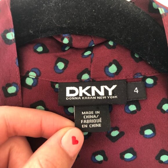 DKNY Burgundy Red Green Dots Print Silk Button Down Shirt - Picture 3 of 7